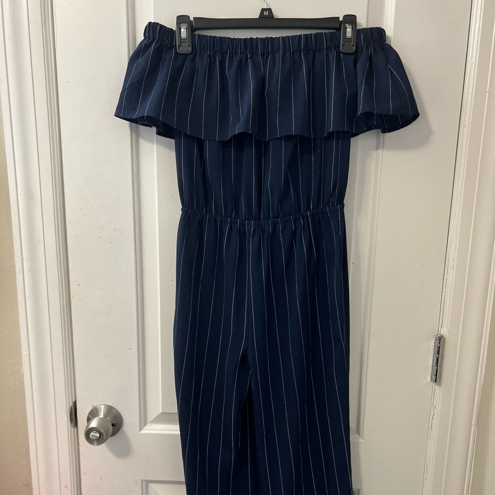 Forever 21 Navy Blue Pinstripe Off the Shoulder Ruffle Culotte Jumpsuit Womens S